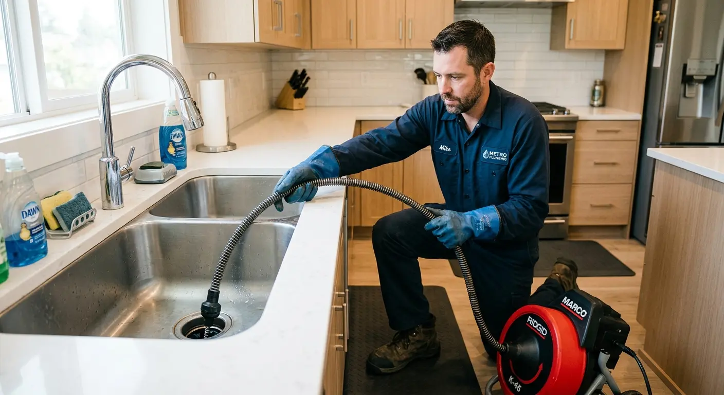 Drain cleaning technician using a motorized snake on a kitchen sink in Naranja
