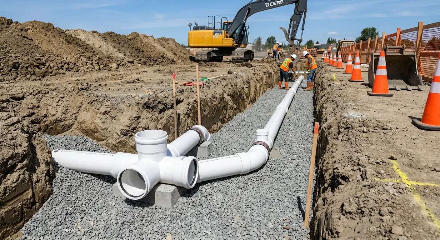 New PVC sewer pipe installation in open trench for Commercial Drain Cleaning in Naranja
