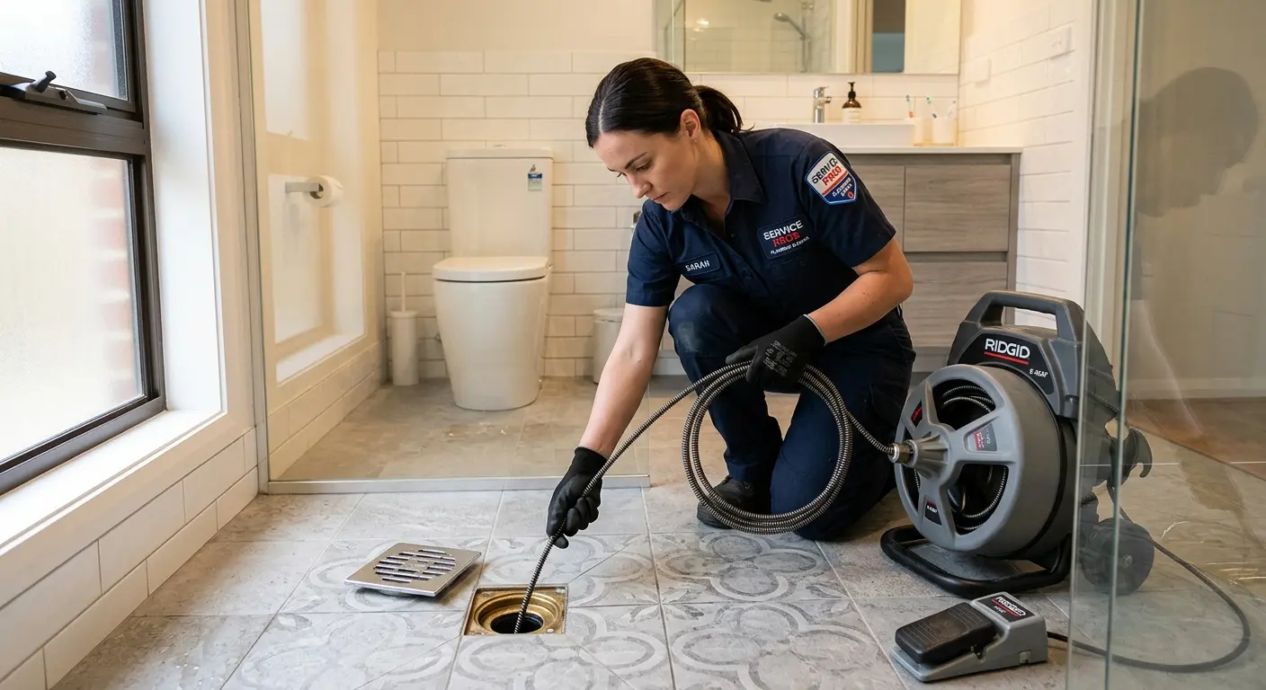 Technician clearing a bathroom floor drain for Sewer Line Replacement in Naranja